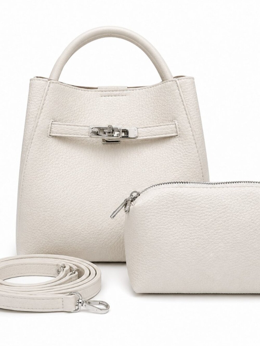 Pebbled Faux Leather Ivory Satchel Crossbody Handbag with Matching Pouch & Strap